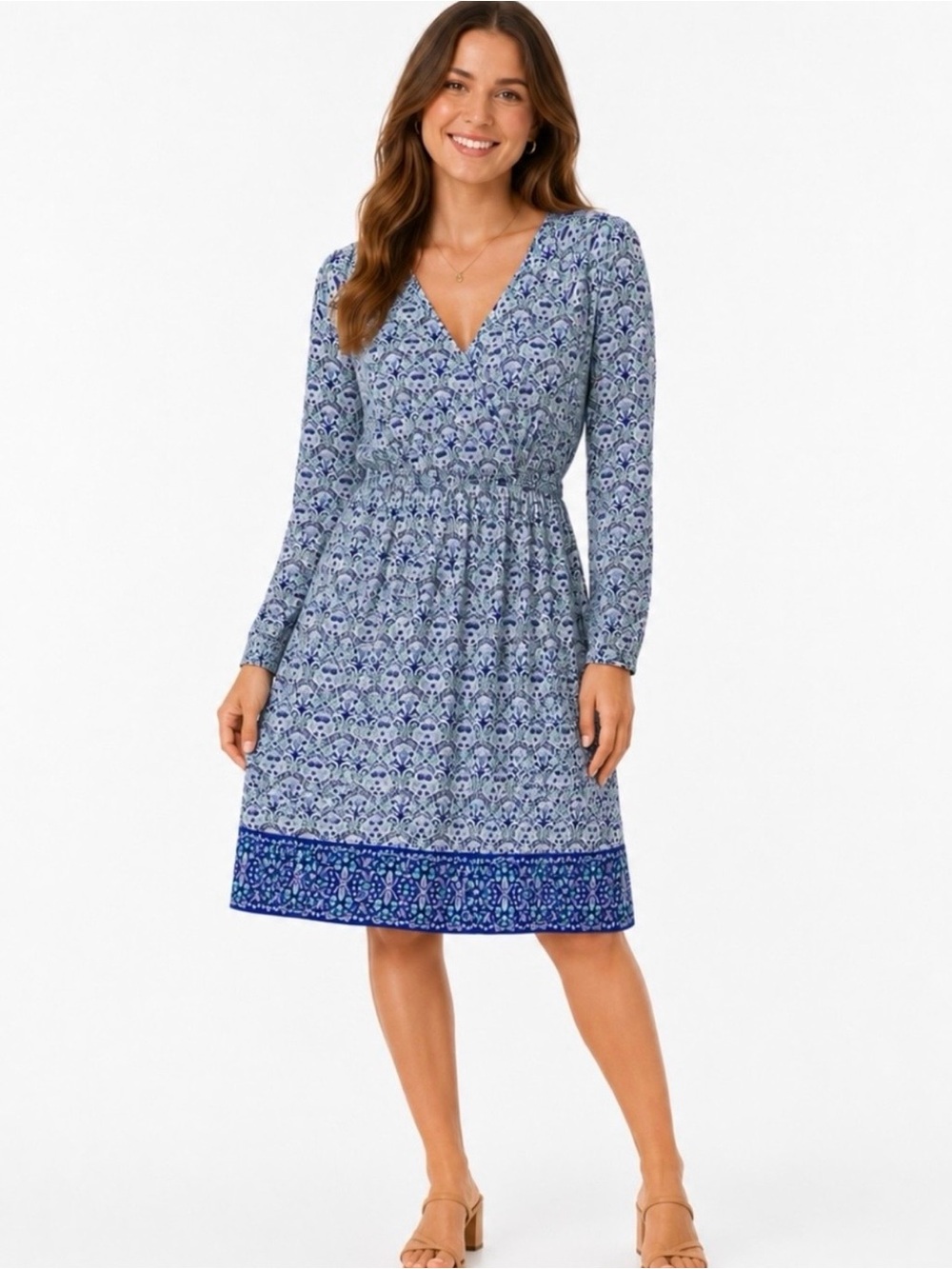 COOLIBAR Floral‎ V-Neck Faux Wrap Smocked Waist Blue White Dress Medium